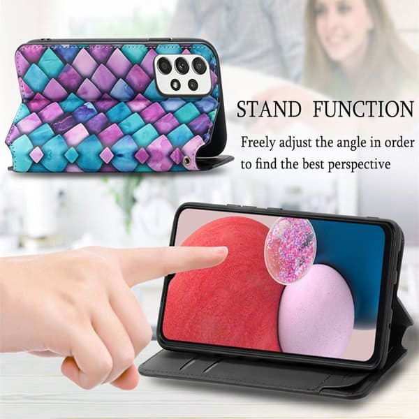 CaseNeo For Samsung Galaxy A13 4G Leather Wallet Flip Case With RFID Blocking Credit Card Holder Slots Cover - Purple Squares CaseNeo For Samsung Galaxy A13 4G Leather Wallet Flip Case With RFID Blocking Credit Card Holder Slots Cover - Purple Squares